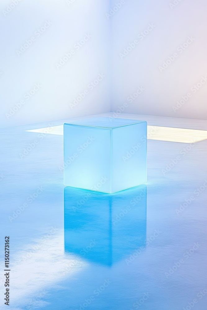 Poster Floating Cube Emits Soft Light in a Serene, Minimalistic Room During Twilight Hours