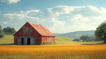 Obraz premium Rustic red barn in a vibrant orange flower field.