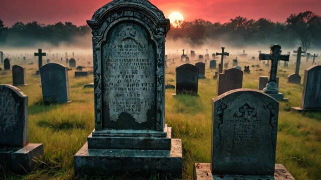 Video with Ancient cemetery with weathered tombstones under a blood-red sunset.
