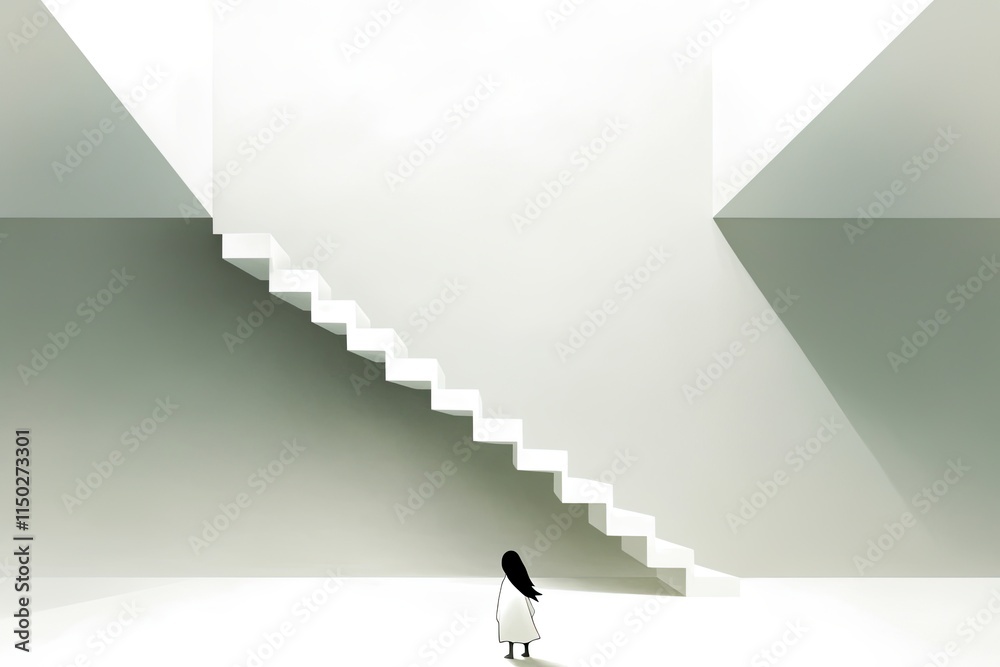 Poster Exploration of a Surreal Staircase in a Minimalist White Space With Bold Shadows and Forms
