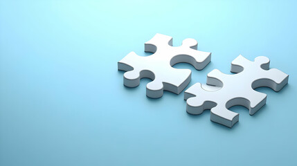 Obraz premium Plain blue background with connected puzzle pieces concept as Two puzzle pieces connected sit against a plain blue background. The simplicity of the scene suggests teamwork problem solving and persona