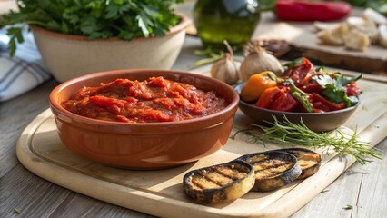 Delicious homemade ajvar served in traditional pottery with grilled vegetables and fresh ingredients on a wooden table