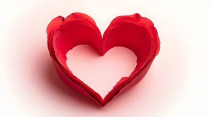 A crimson heart, delicately formed from rose petals, rests gently on a soft white background.  A symbol of love and romance.