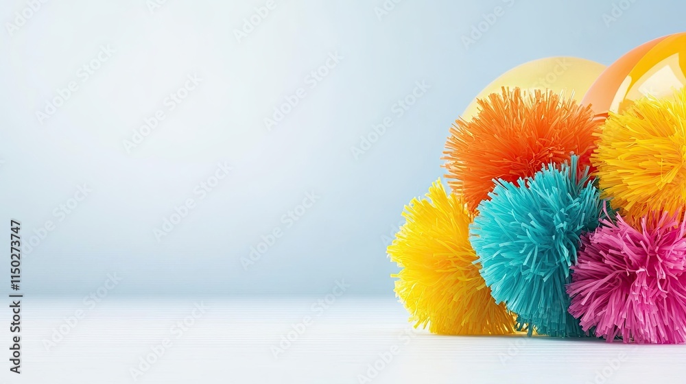 Poster vibrant pom poms and protective helmet create playful atmosphere on white surface