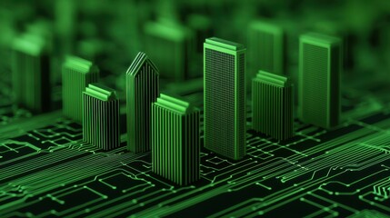Smart city model with green skyscrapers on circuit board background, symbolizing sustainable urban development and technology integration