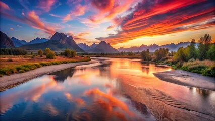 Obraz premium Serene River Reflecting Vibrant Sunset Hues Over Majestic Mountains
