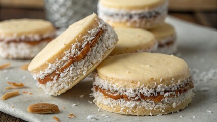 Delightful alfajores rolled in coconut filled with sweet dulce served on a rustic table