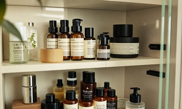 Organized minimalist bathroom shelves showcasing amber glass bottles and skincare products.