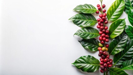 Vibrant coffee branch with ripe red berries and lush green leaves on a white background