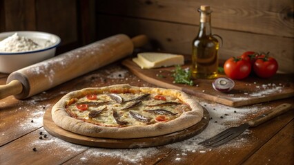 Enjoying freshly baked anchovy pizza in a rustic kitchen with natural ingredients and a homey atmosphere