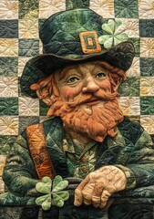 A leprechaun driving an old-fashioned truck against a plaid quilted patchwork pattern with shamrocks