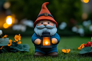 Obraz premium A friendly garden gnome with a red hat, holding a lantern, standing in a lush green garden surrounded by flowers