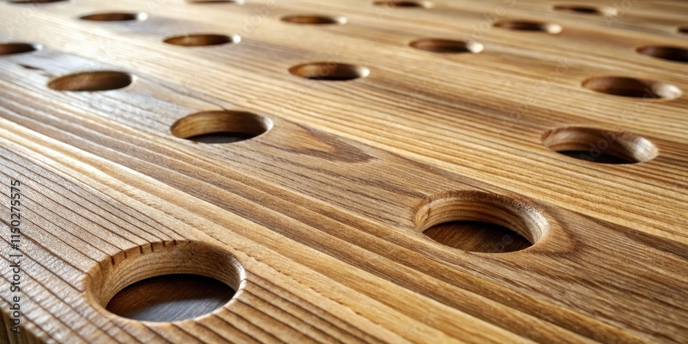 Poster Close-up view of a light brown wooden surface with evenly spaced circular cutouts arranged in rows