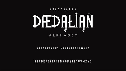 Craft vintage typeface design. Graphic display alphabet. Fantasy type letters. Latin characters, numbers. Vector illustration. Old badge, label, logo template.