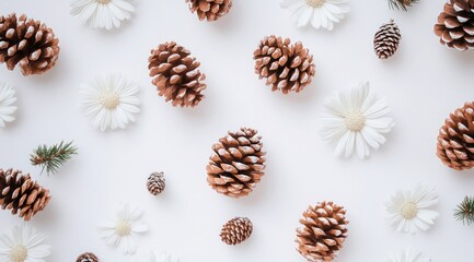Obraz premium White daisies and pine cones on white background.