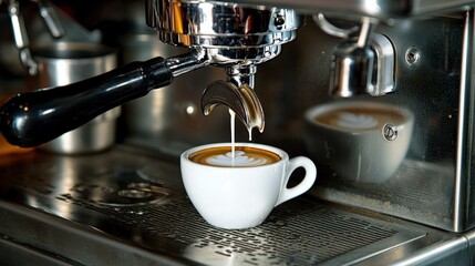 Barista skillfully frothing milk for coffee in cozy  close-up view of beverage preparation expertise