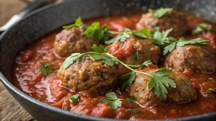 Close up of flavorful albondigas in rich tomato sauce topped with fresh herbs