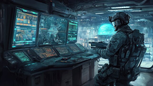 Futuristic Soldier Operating Advanced Control Center Monitors with High-Tech Displays and Tactical Gear in a Sci-Fi Environment
