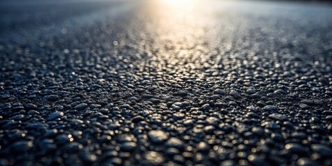Close-up view of dark asphalt texture with sunlit highlights