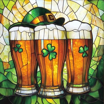 Three festive glasses of beer symbolizing the Irish tradition of St. Patrick's Day. Vibrant stained glass design.