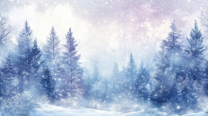 Beautiful Snowy Winter Christmas Forest Landscape with Trees and Frosty Nature Background