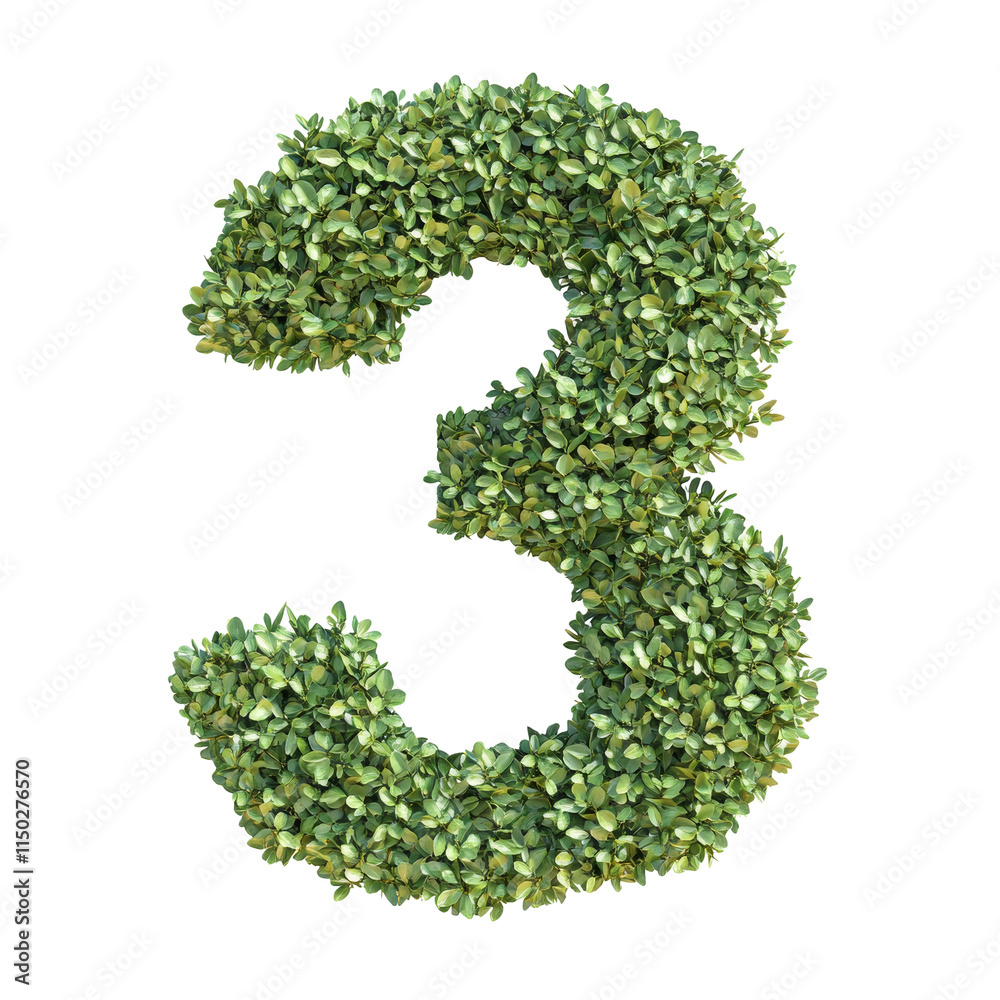 Poster green leaves form number three on transparent background.