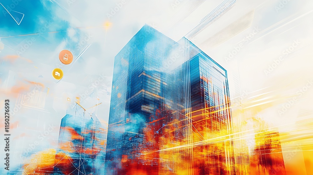 Aufkleber Modern Skyline with Soaring Skyscrapers in a Dynamic Digital Artwork : Generative AI