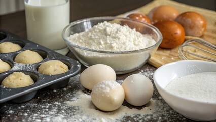 Fototapeta premium Close up of baking ingredients including flour, eggs, and milk arranged for preparation in a kitchen setting