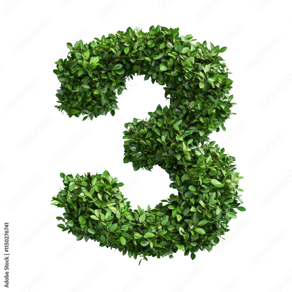 Poster green leaves form number three on transparent background.
