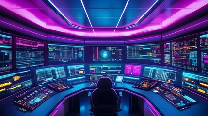 Command room glowing in vibrant colors, data streams tracking live processes.