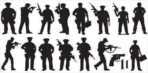 Set of standing policeman silhouette officer vector on white background