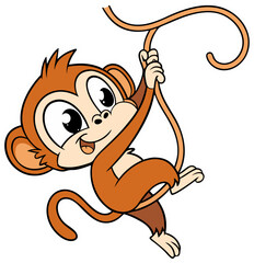 Cute Cartoon Monkey Swinging on Vine - Orange.