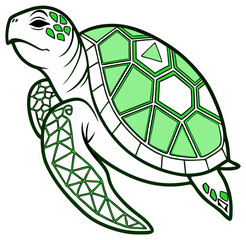 Geometric Green Sea Turtle Illustration - Detailed Design.