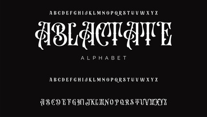 Craft vintage typeface design. Graphic display alphabet. Fantasy type letters. Latin characters, numbers. Vector illustration. Old badge, label, logo template.