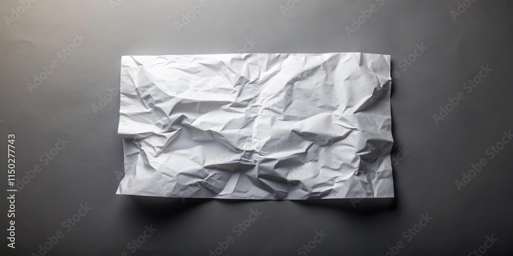 Poster studio shot of a crumpled sheet of white paper on a gray background