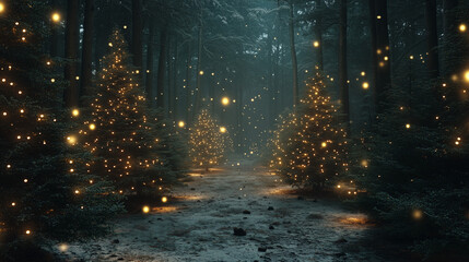 Magical Forest with Glowing Christmas Trees and Sparkling Festive Lights in Winter Wonderland