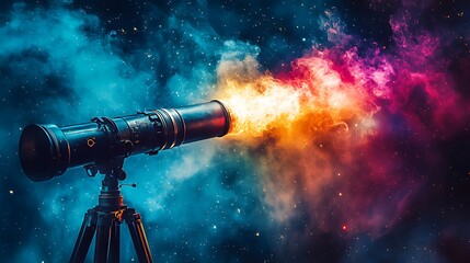 A telescope emitting vibrant cosmic flames against a starry backdrop.