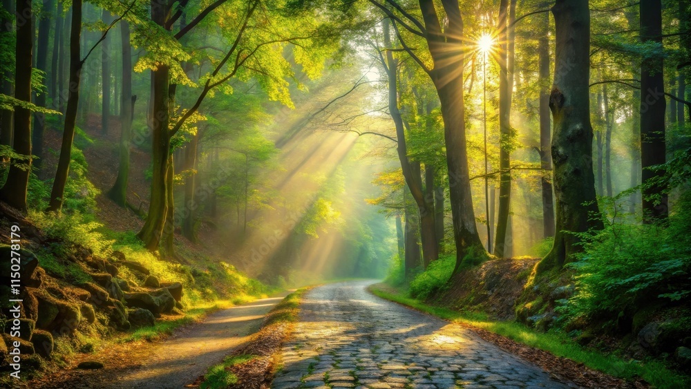 Poster Sunbeams Illuminate a Mystical Forest Path with Cobblestone Road