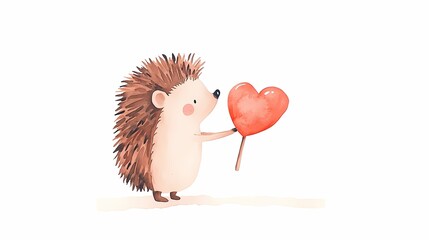 Watercolor valentine with cute animal. Cute hedgehog holding a heart-shaped balloon in a whimsical illustration.