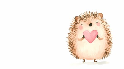 Watercolor valentine with cute animal. Cute hedgehog holding a heart, symbolizing love and affection in a whimsical style.