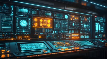 Naklejka premium Futuristic refinery control panel filled with data visuals, glowing process streams.
