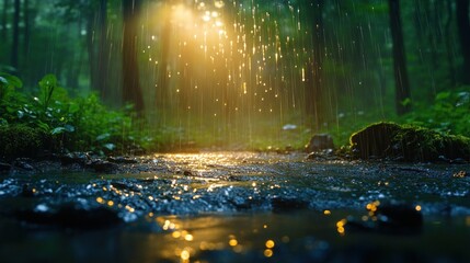 Sunbeams illuminate rain falling on a forest stream.