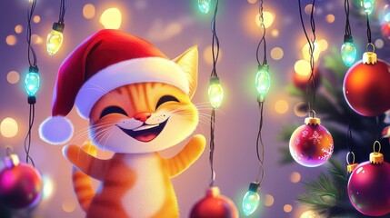 Cheerful Orange Cat in Santa Hat Surrounded by Colorful Christmas Lights and Ornament Decorations in a Festive Holiday Setting