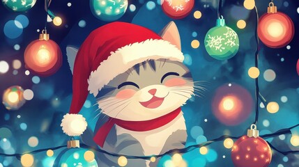 Adorable Cartoon Cat Wearing Santa Hat Joyfully Surrounded by Colorful Christmas Lights and Ornaments in a Festive Holiday Setting