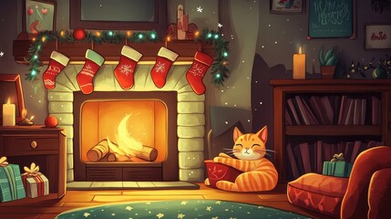 Cozy Christmas Living Room with Fireplace and Stockings, Adorable Cat by the Fire, Holiday Decorations, Gifts, Snowy Atmosphere, Warm and Inviting Ambiance