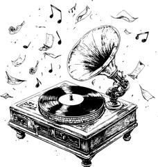 Vintage gramophone with musical notes and sheet music flying around.