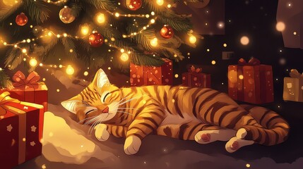 Cozy Ginger Cat Sleeping Under Christmas Tree with Glittering Lights and Colorful Gifts in a Warm Holiday Setting