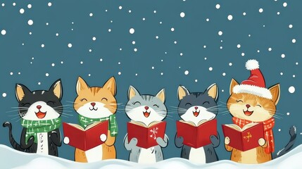 Adorable Cartoon Cats Singing Carols in Winter Wonderland with Snowy Background and Festive Scarves Capturing the Joy of the Holiday Season