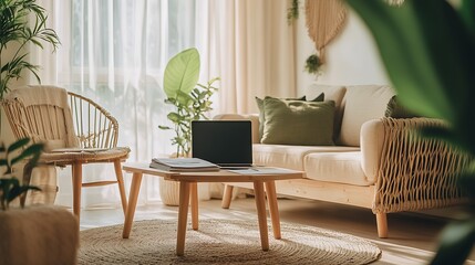 Eco-Friendly Boho Living Room with Rattan Furniture and Indoor Plants for Sustainable Home Design : Generative AI