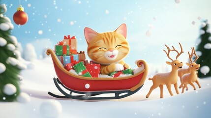 Adorable Cartoon Cat in Red Sleigh Surrounded by Colorful Gifts and Cheerful Reindeer in a Snowy Winter Wonderland Scene